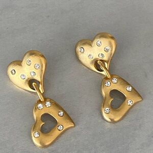 Adorable Matte Goldtone, Double-Heart Earrings with Crystals